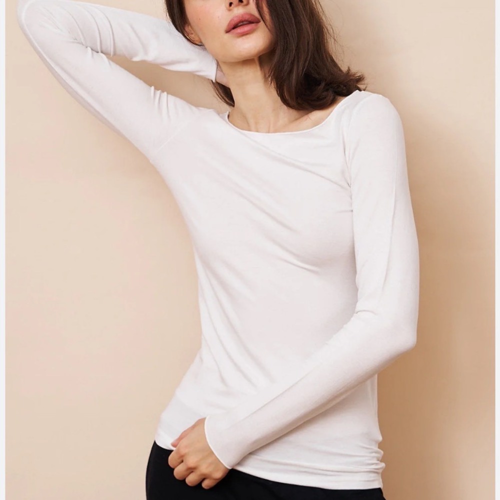 Majestic Filatures Deluxe Teeshirt White Long Sleeve Boat Neck Top Size 3 L